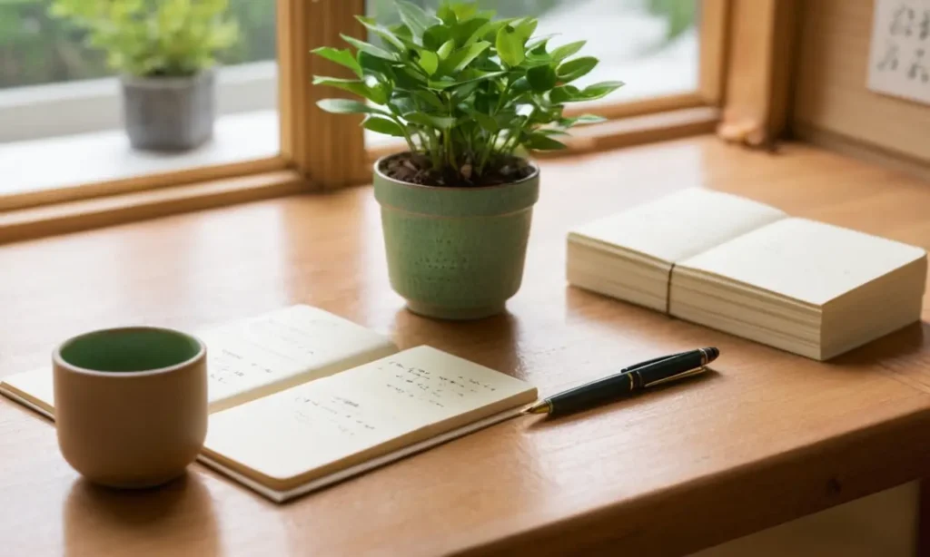 Table en bois avec cartes et plantes
