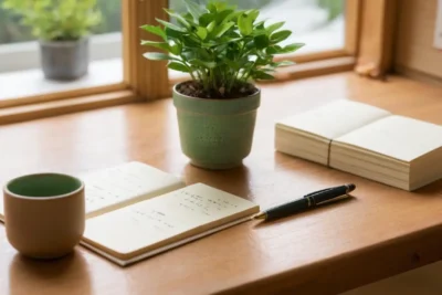 Table en bois avec cartes et plantes