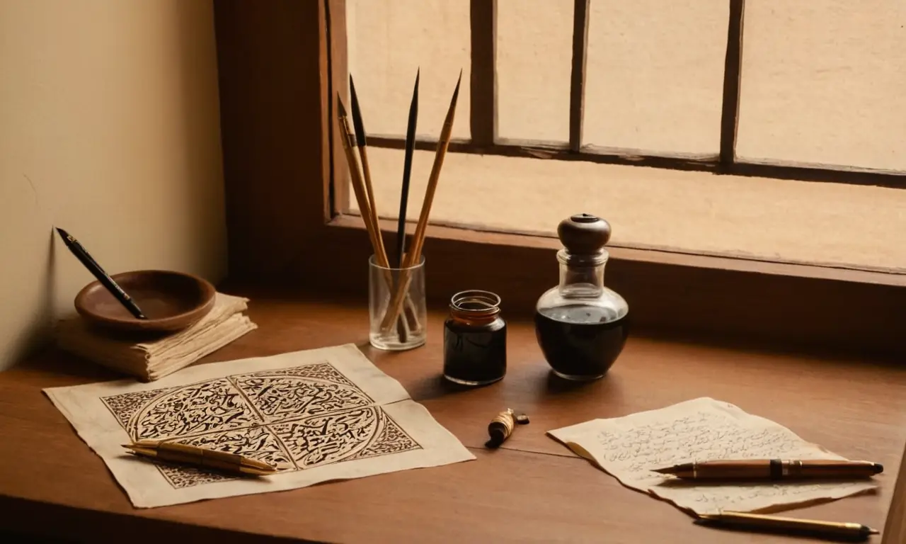 Espace créatif avec outils de calligraphie arabe