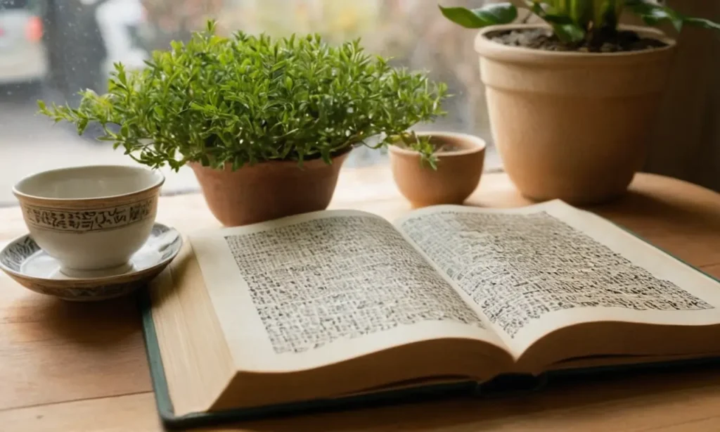 Table en bois avec livre et thé