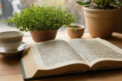 Table en bois avec livre et thé