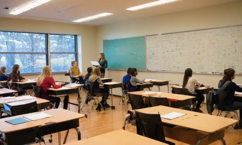 Salle de classe animée avec étudiant.e.s concentré.e.s