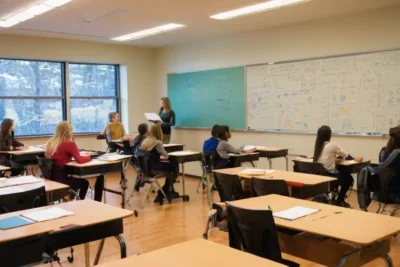 Salle de classe animée avec étudiant.e.s concentré.e.s