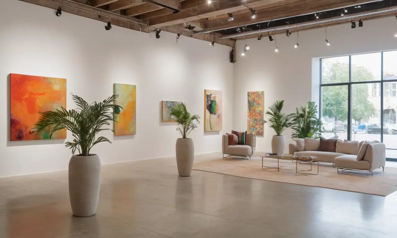 Galerie moderne avec art vibrant et visiteurs