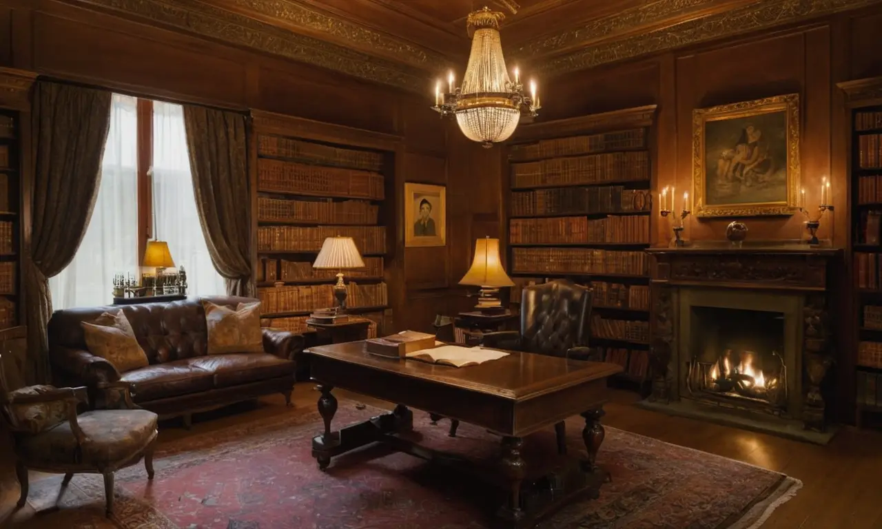 Bibliothèque ancienne, ambiance cozy et intellectuelle