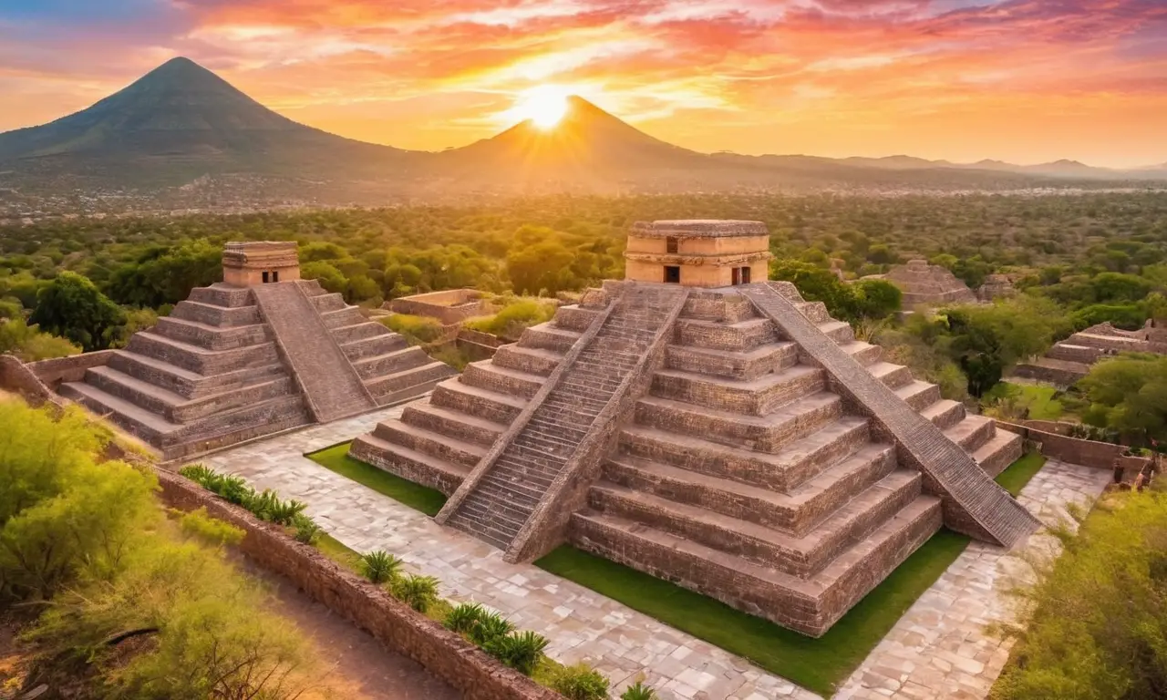 Tenochtitlán: pyramides, marché, coucher de soleil