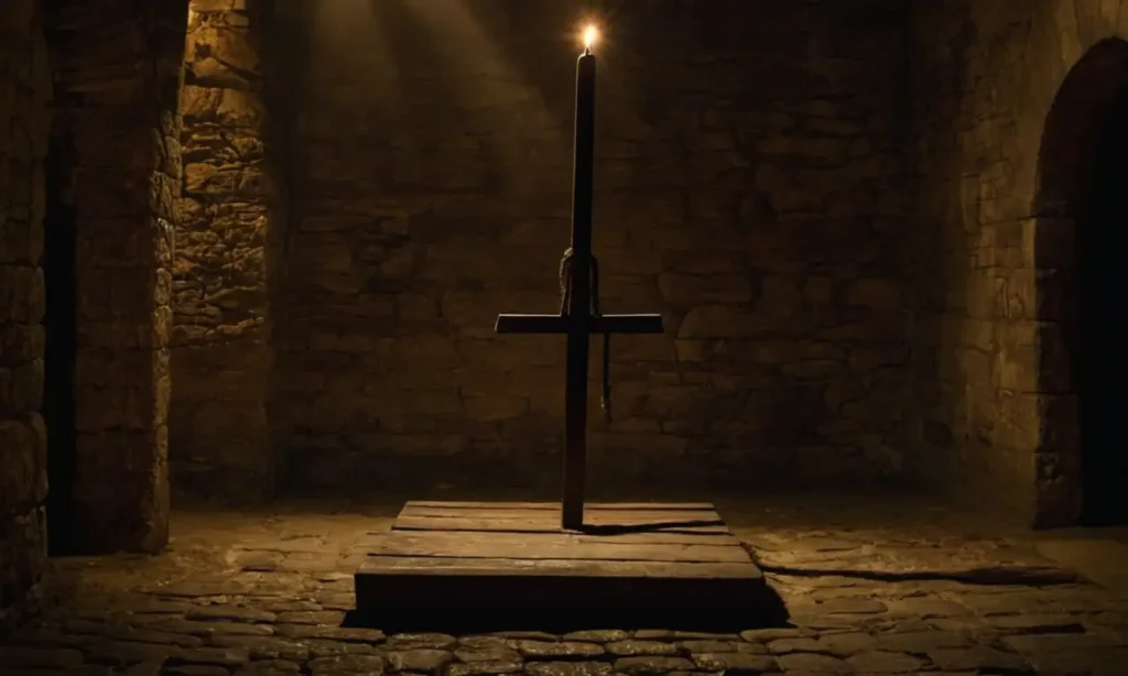 Une cour sombre avec une guillotine imposante
