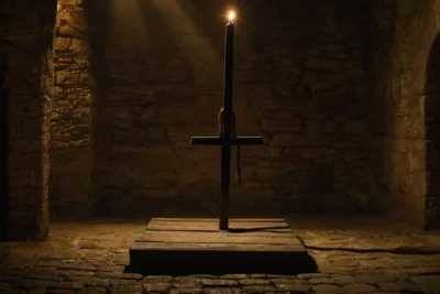 Une cour sombre avec une guillotine imposante