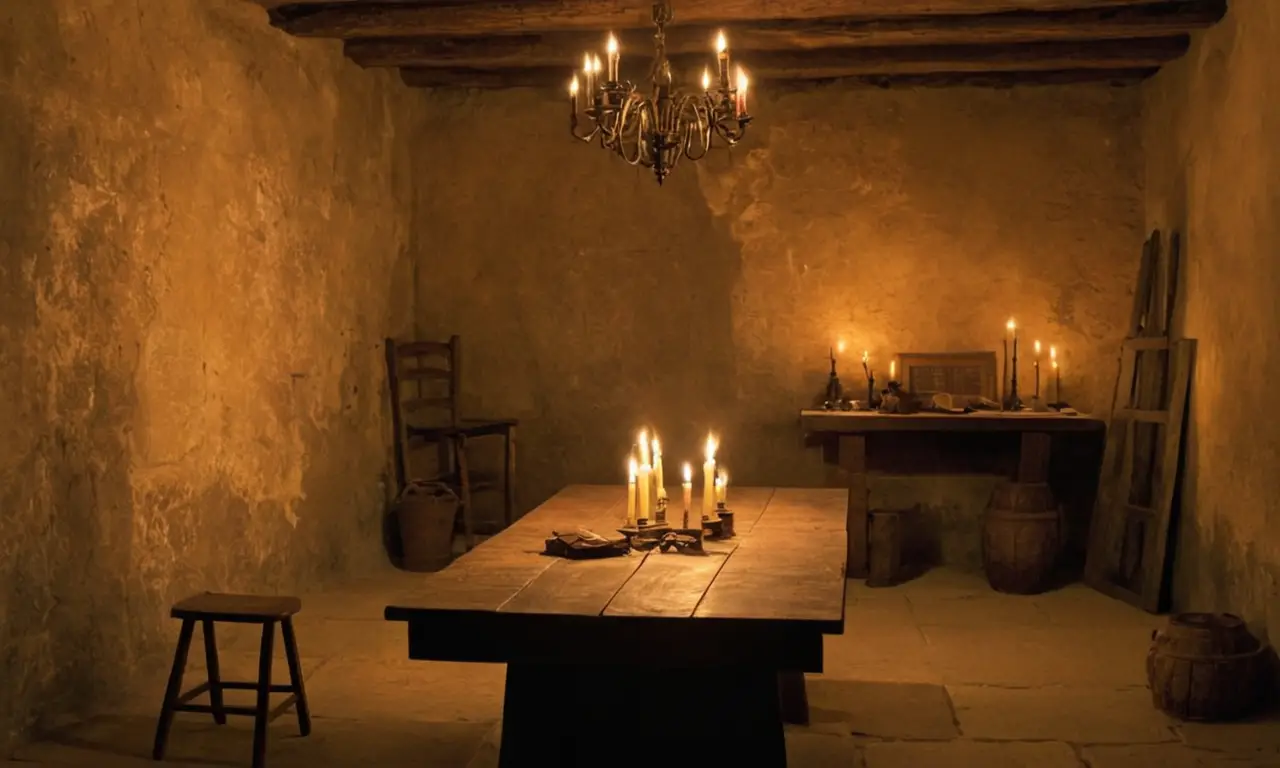 Salle sombre avec guillotine et souvenirs historiques