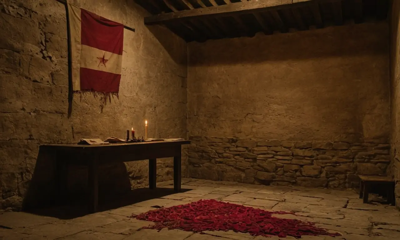 Chambre sombre avec guillotine et atmosphère inquiétante