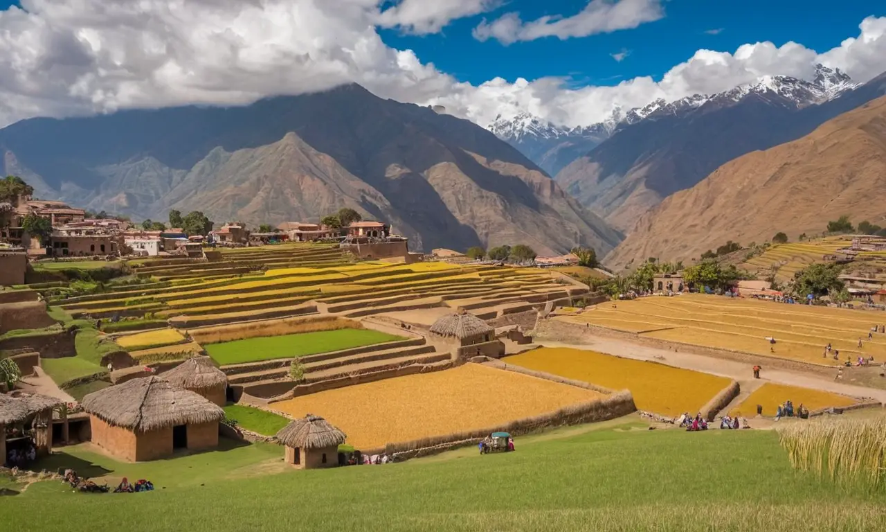 Paysage andin vibrant avec marché inca animé