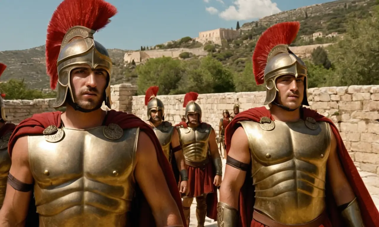 Guerriers grecs en armure, paysage vibrant et intense