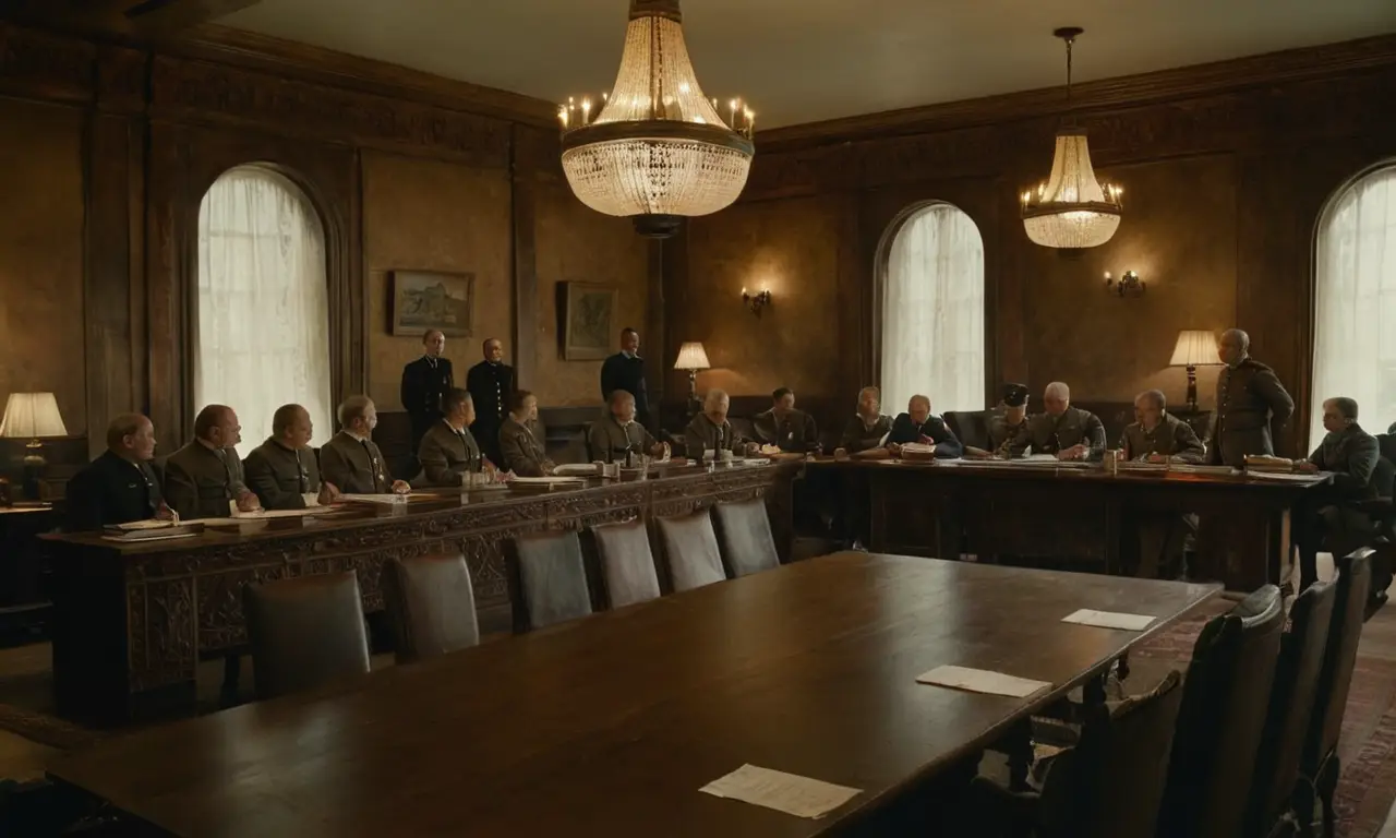 Salle de conférence sombre avec documents historiques