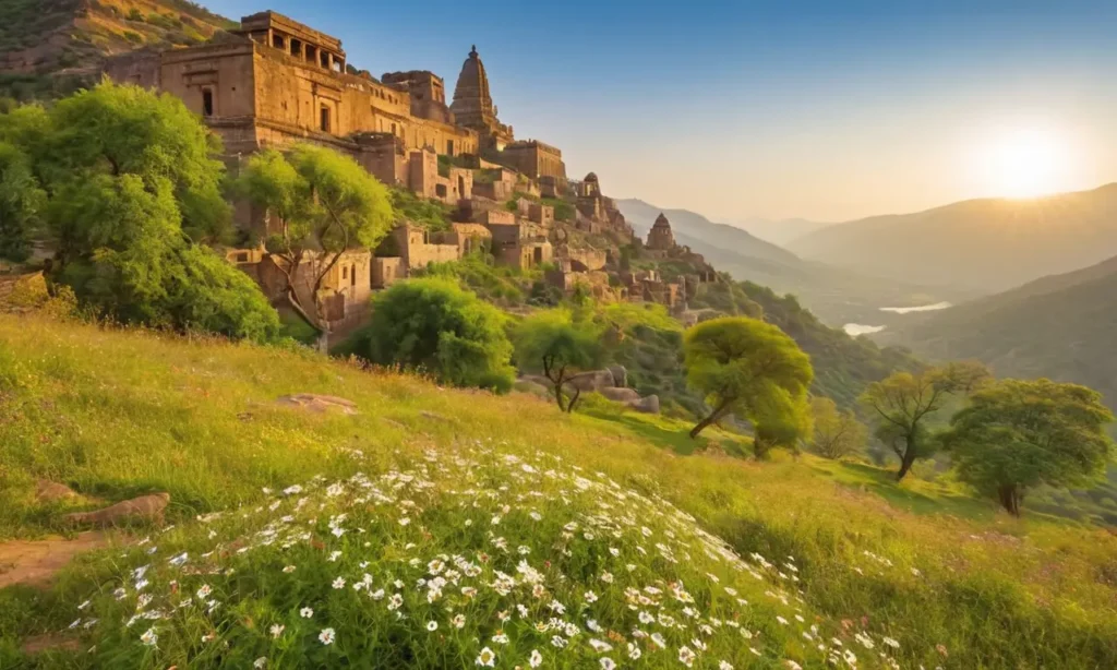 Paysage indien ancien avec temples et nature