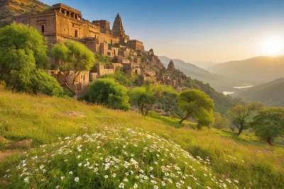 Paysage indien ancien avec temples et nature