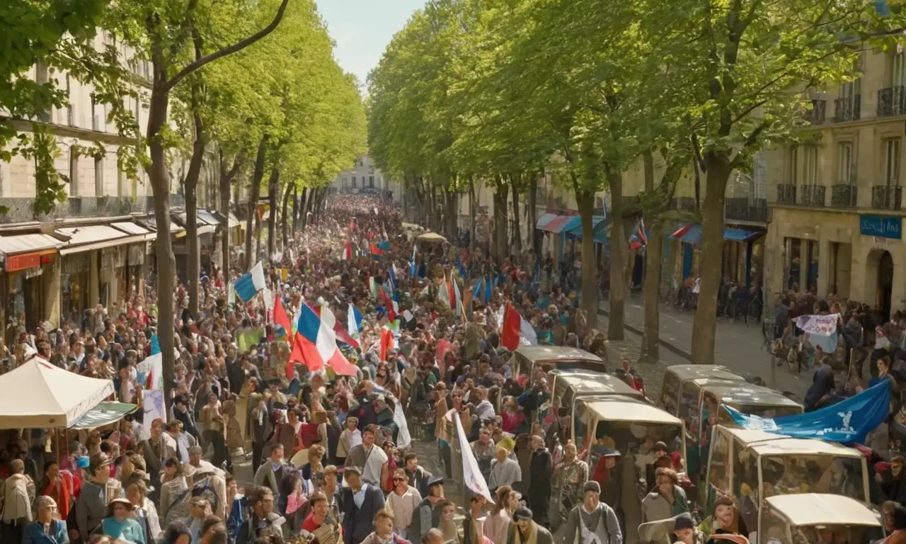 Rue parisienne animée, manifestants passionnés et colorés