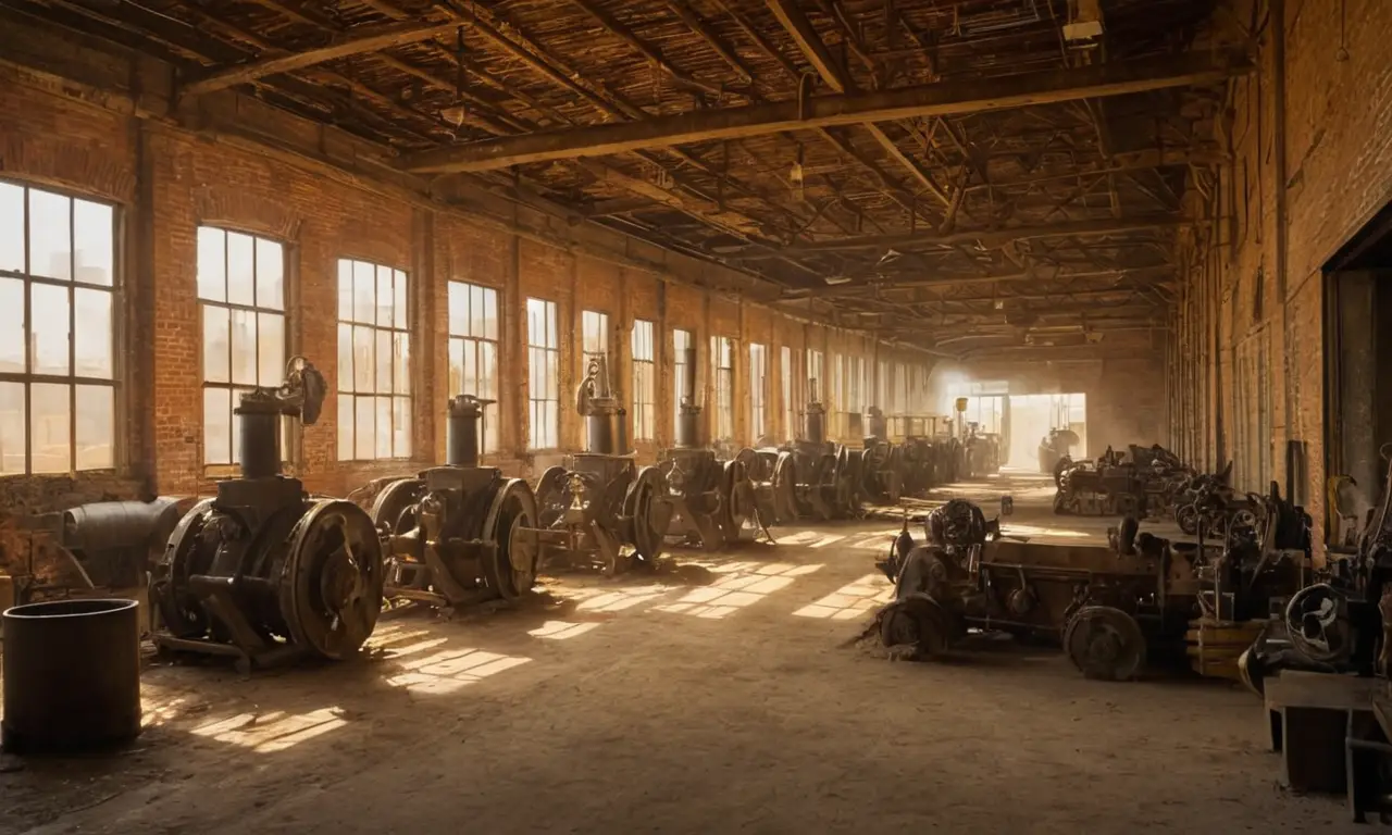 Usine ancienne, machines, ombres et lumière dorée