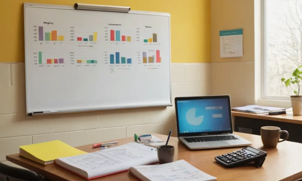 Bureau animé avec étudiants et outils financiers