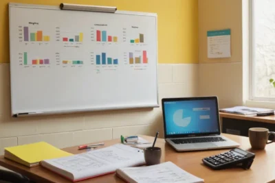 Bureau animé avec étudiants et outils financiers