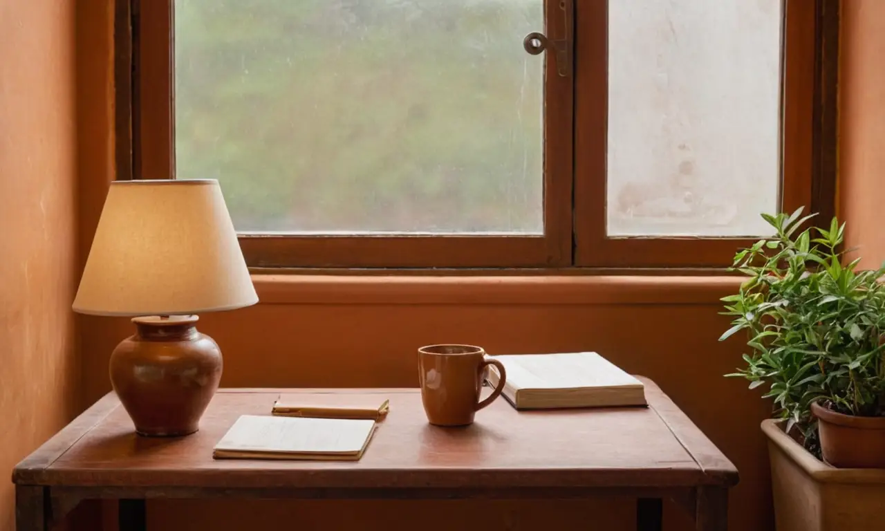 Bureau en bois, livres, café et plante
