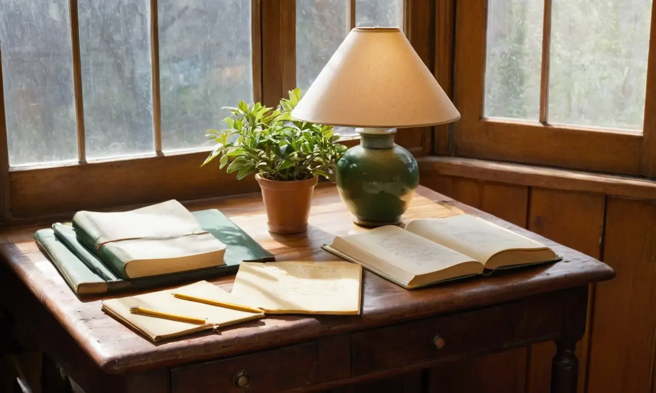 Bureau en bois, notes et lumière douce
