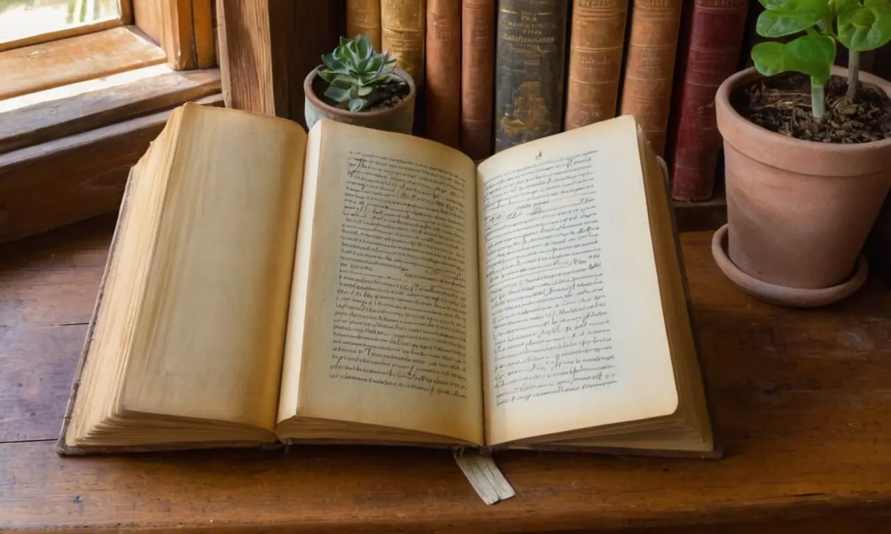Livre usé sur table en bois, ambiance chaleureuse