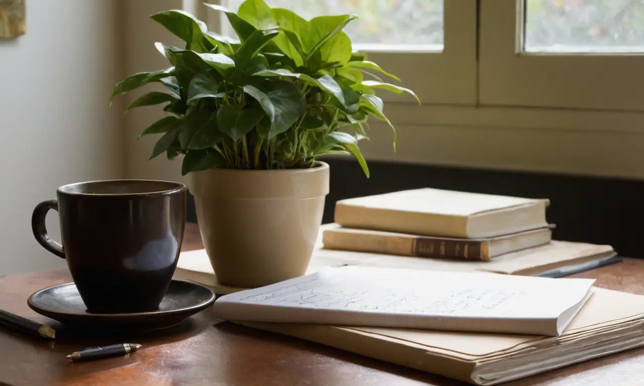 Bureau avec livres, café et lumière agréable