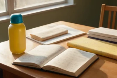 Bureau lumineux avec livres et notes colorées