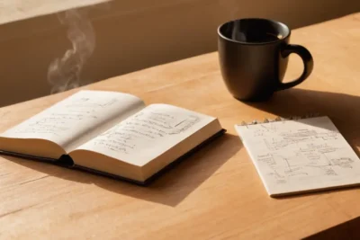Un livre ouvert sur un bureau en bois