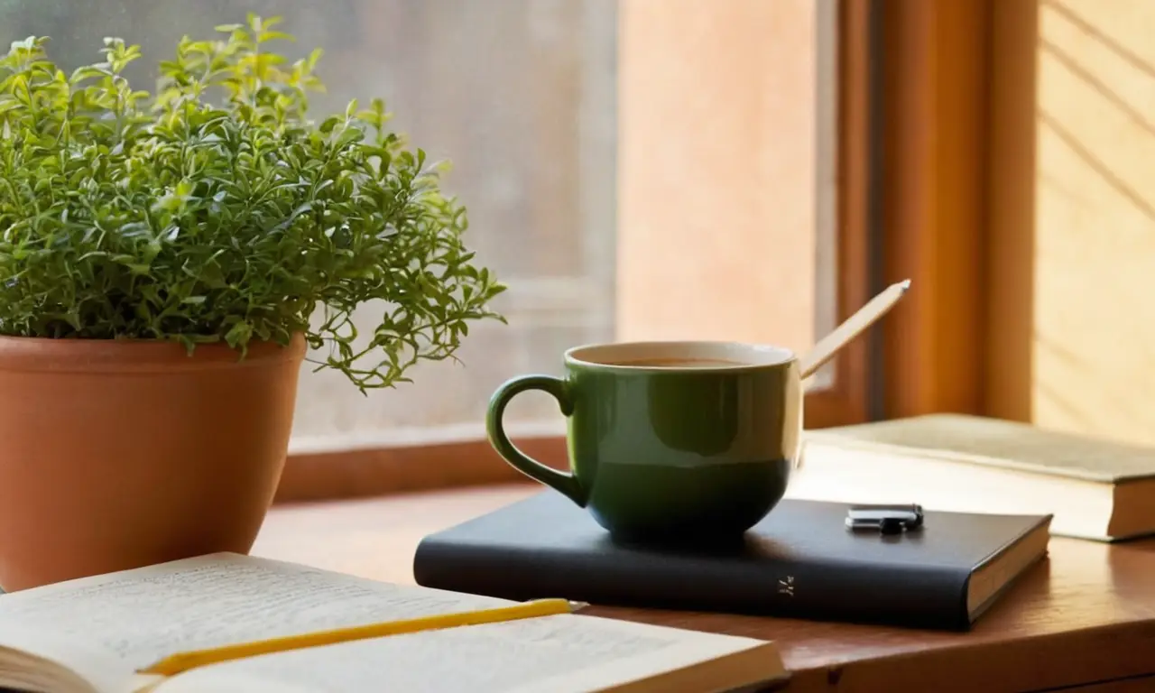 Bureau ordonné avec livres et café