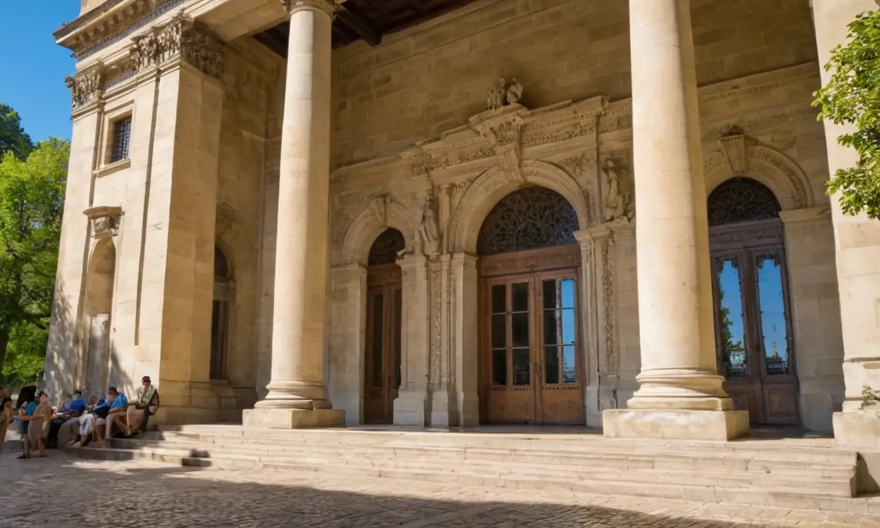 Façade historique animée sous un ciel bleu