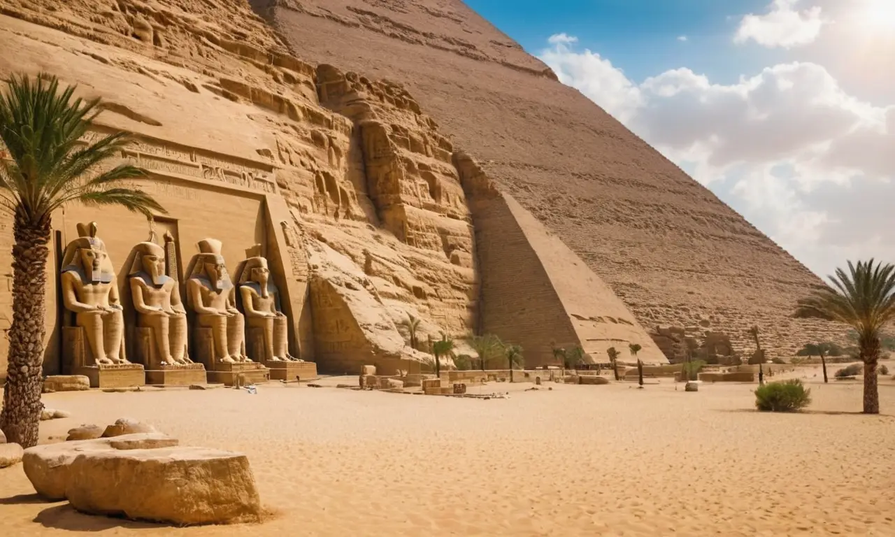Paysage égyptien ancien, pyramides et Nil scintillant