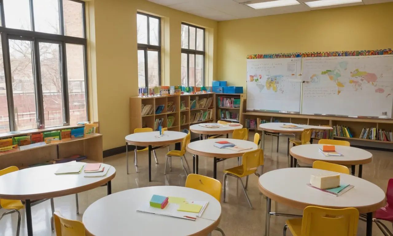 Salle de classe lumineuse avec élèves engagés