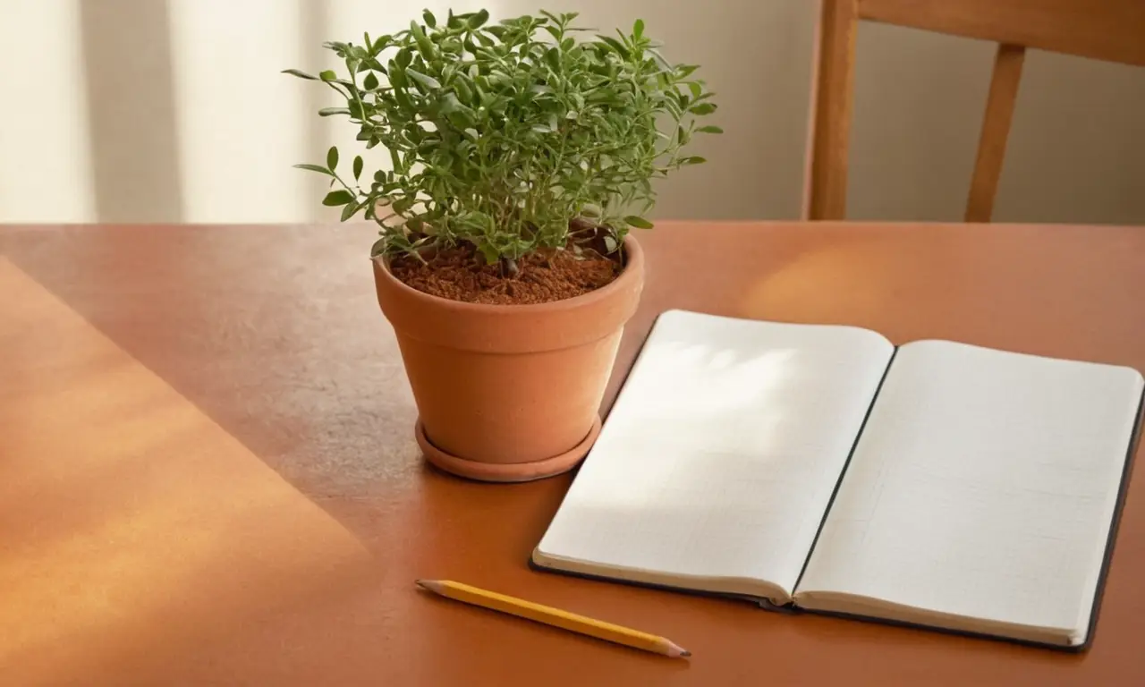 Table en bois, lumière douce et écriture