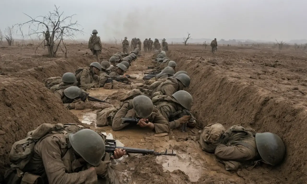 Tranchées boueuses, soldats fatigués, désespoir palpable