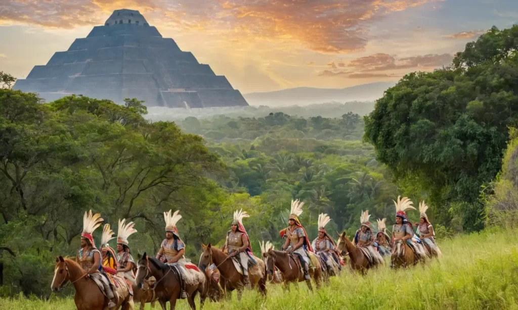 Jungle dense avec Tenochtitlan et conquistadors