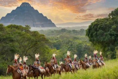 Jungle dense avec Tenochtitlan et conquistadors