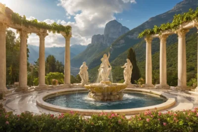 Dix-huit dieux grecs sur une terrasse majestueuse