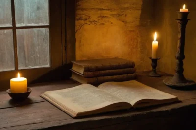 Chambre sombre avec ambiance historique et mystérieuse