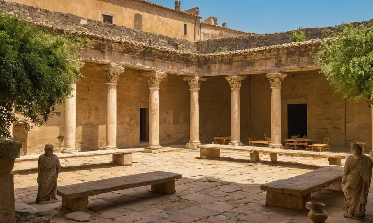 Ruines romaines, marché animé, lumière dorée