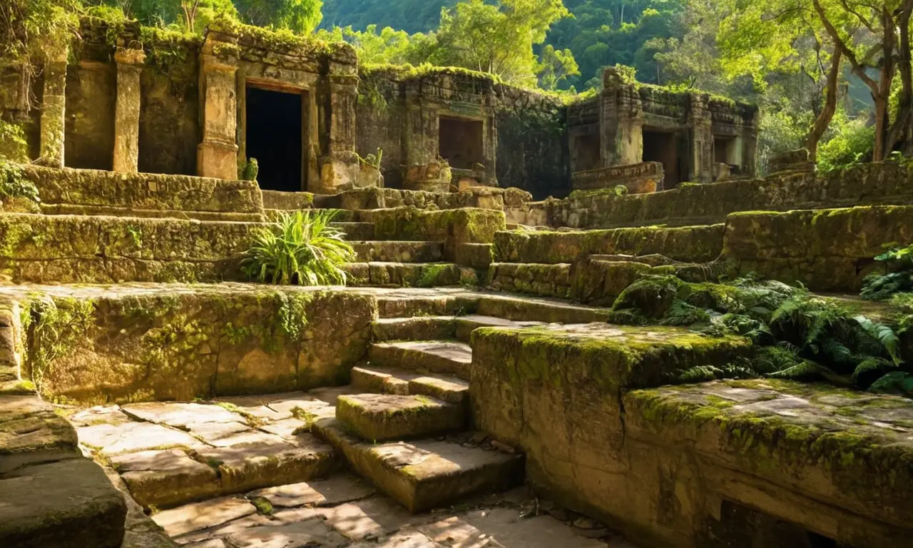Ruines mayas anciennes sous un ciel bleu