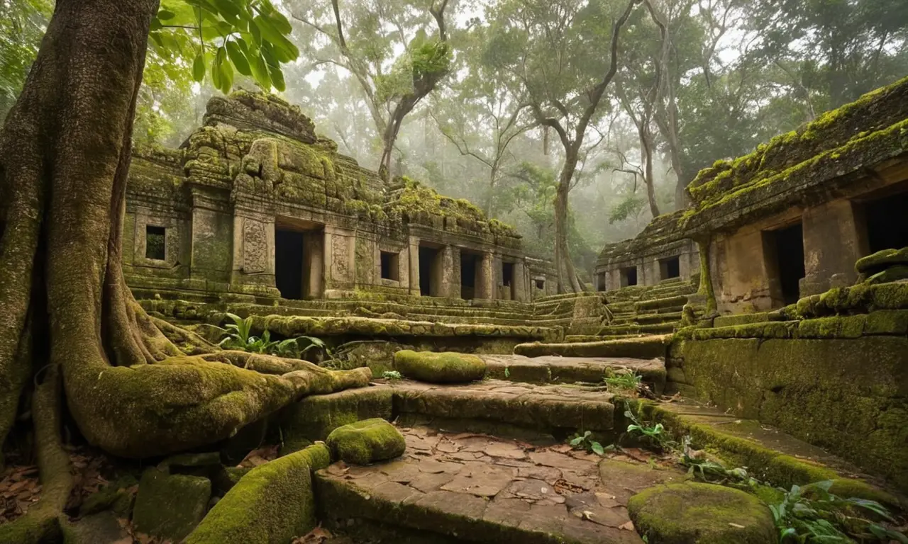 Ruines maya enveloppées par la jungle verdoyante