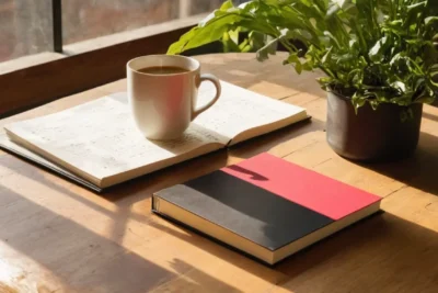 Table en bois chaleureuse avec objets inspirants
