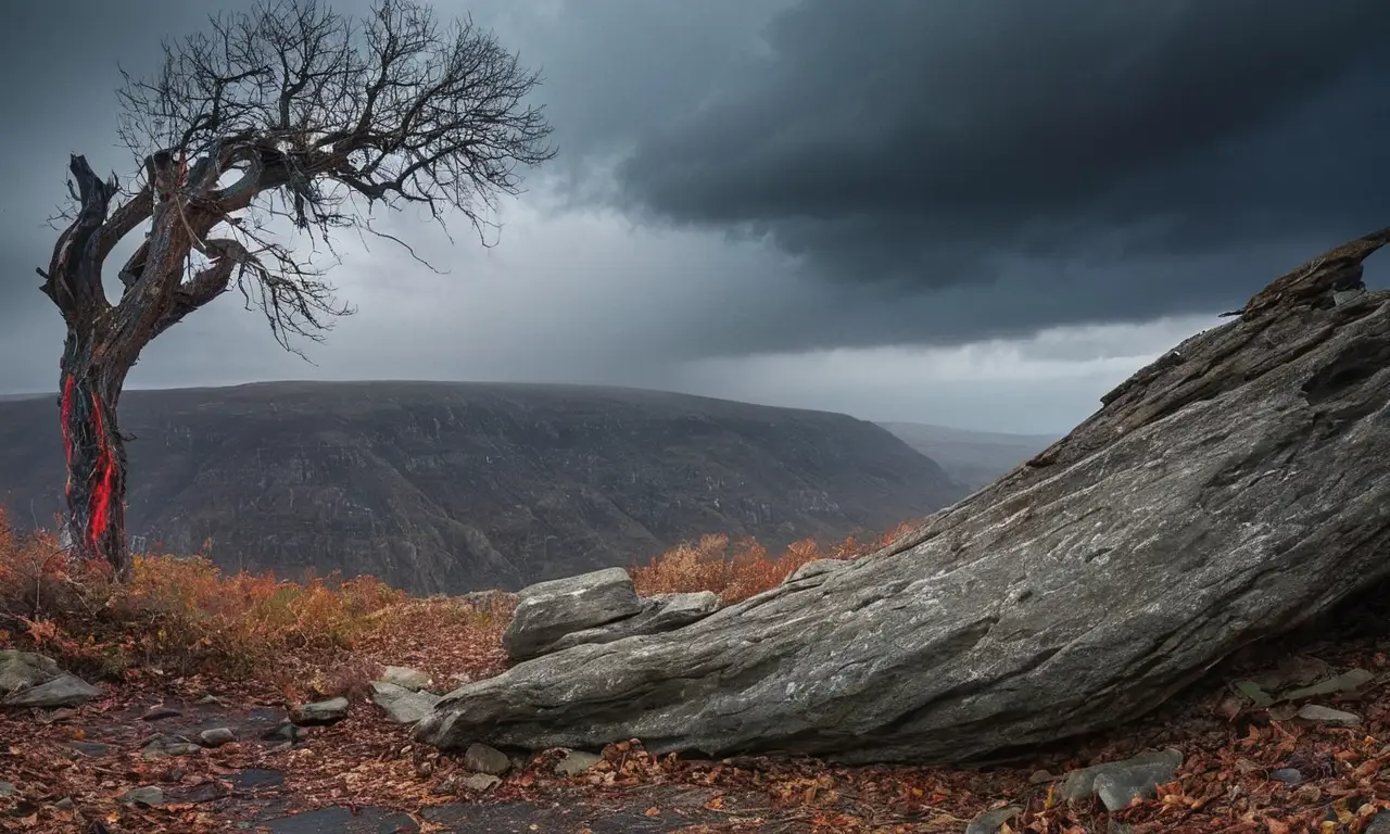 Ciel orageux, figure rebelle dans un paysage étrange