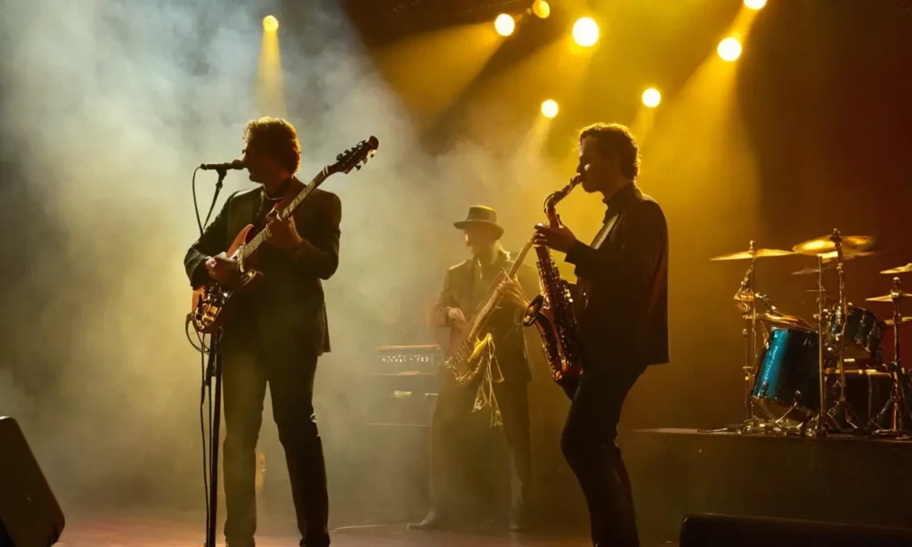Concert vibrant avec musiciens passionnés et lumière