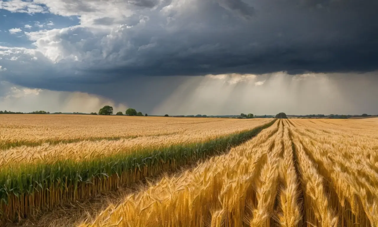Champs de blé doré sous un ciel tumultueux