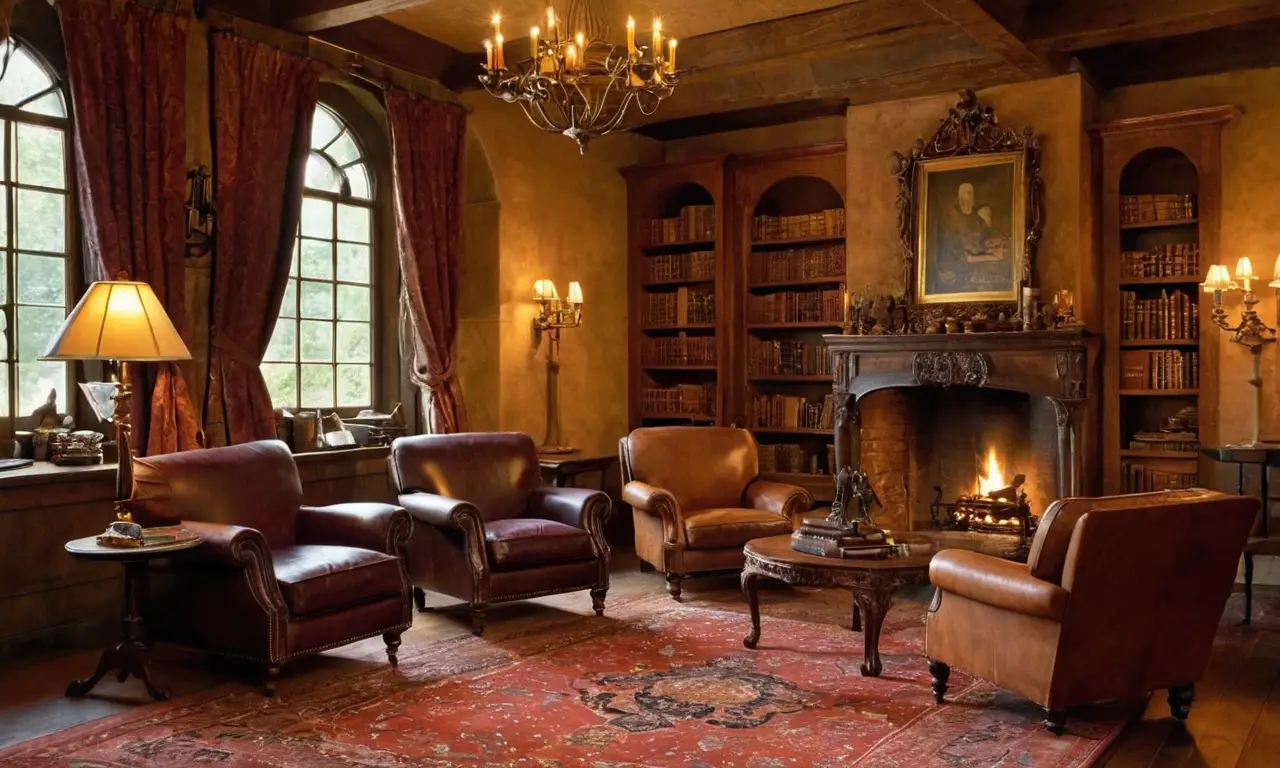Bibliothèque richement décorée, ambiance chaleureuse et invitante