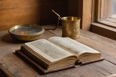 Un livre ancien sur une table rustique