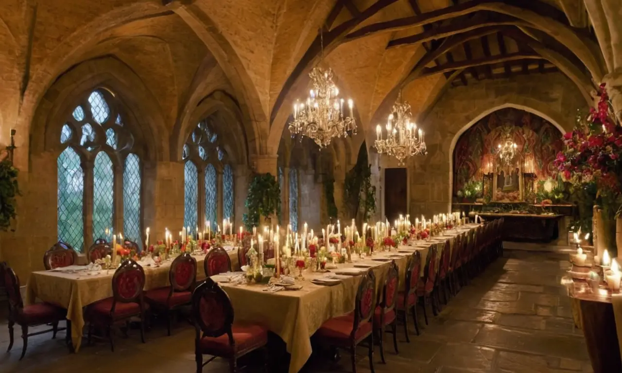 Banquet médiéval fastueux avec noblesse et festins