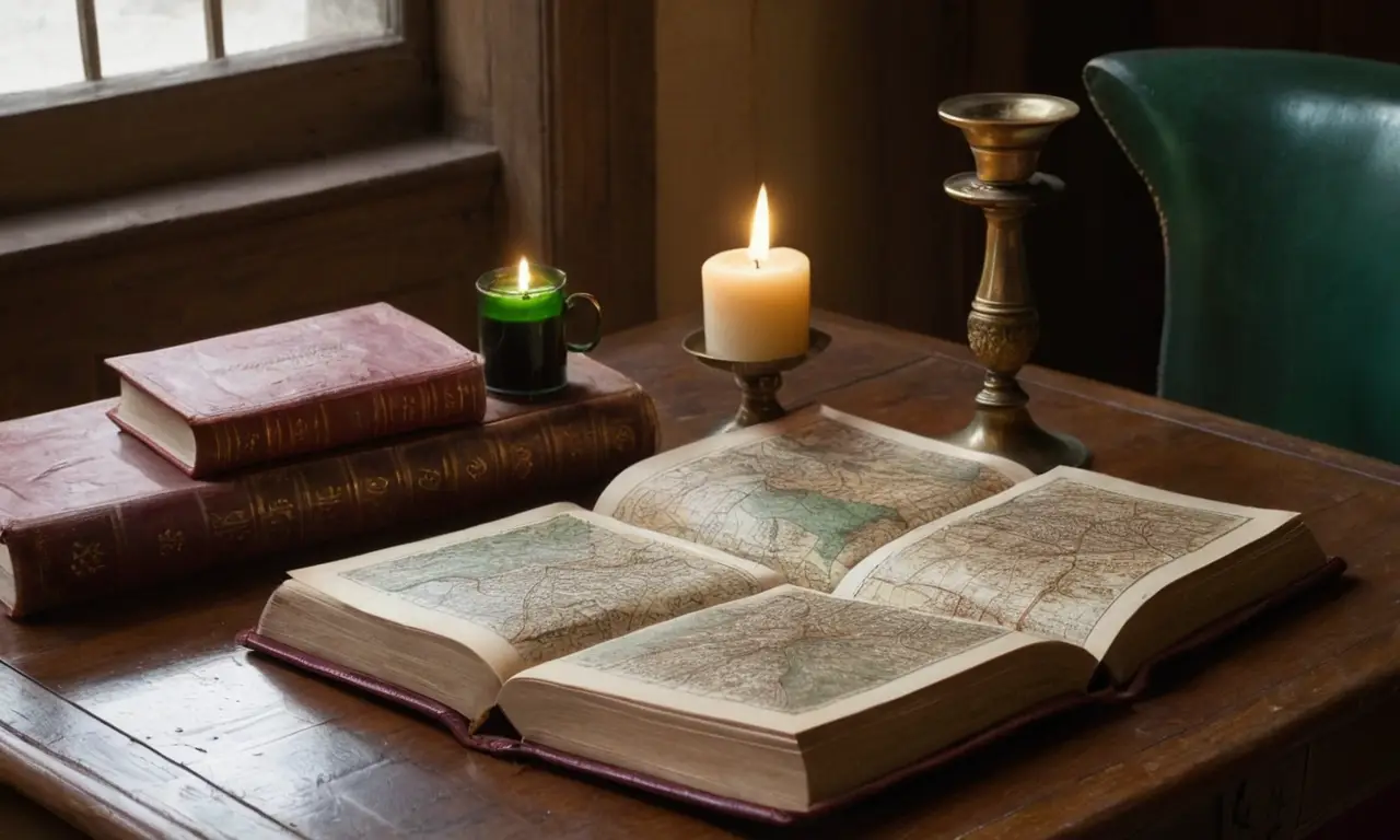 Table en bois, quill et livres anciens